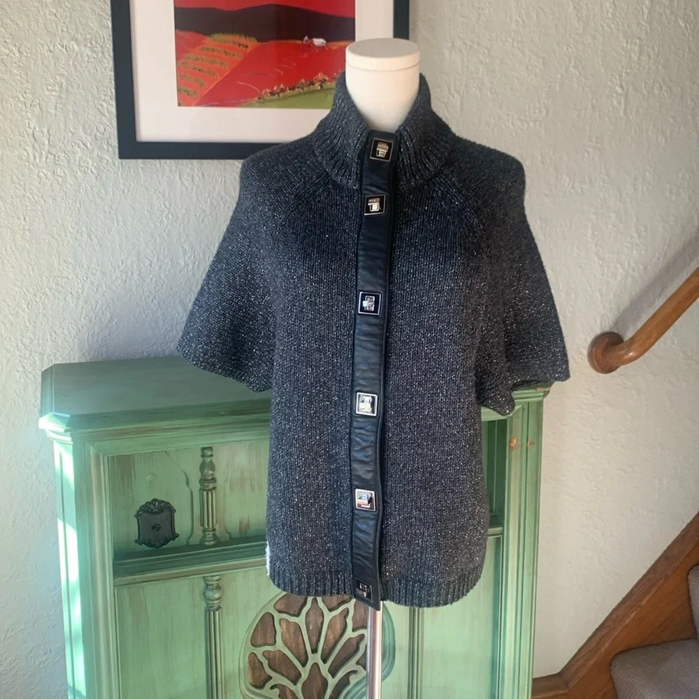 Tory Burch metallic cardigan with faux leather trim and toggle closures. - Picture 1 of 9